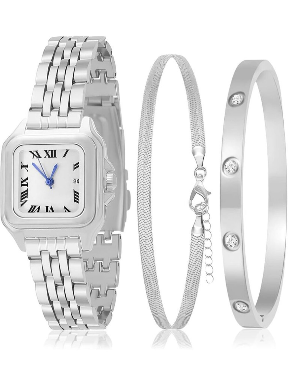 Women's Dark Silver Stainless Steel Gold Plated Square Bangle Bracelet Watch